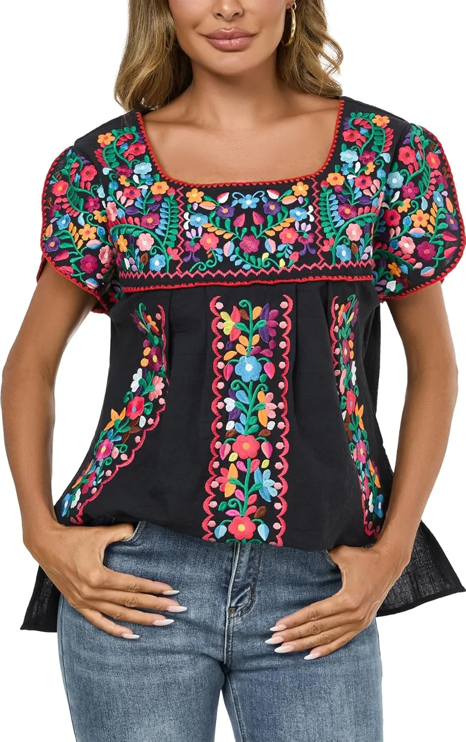 Mexican Shirts for Women Embroidered Tops Traditional Peasant Summer Tunic Blouse