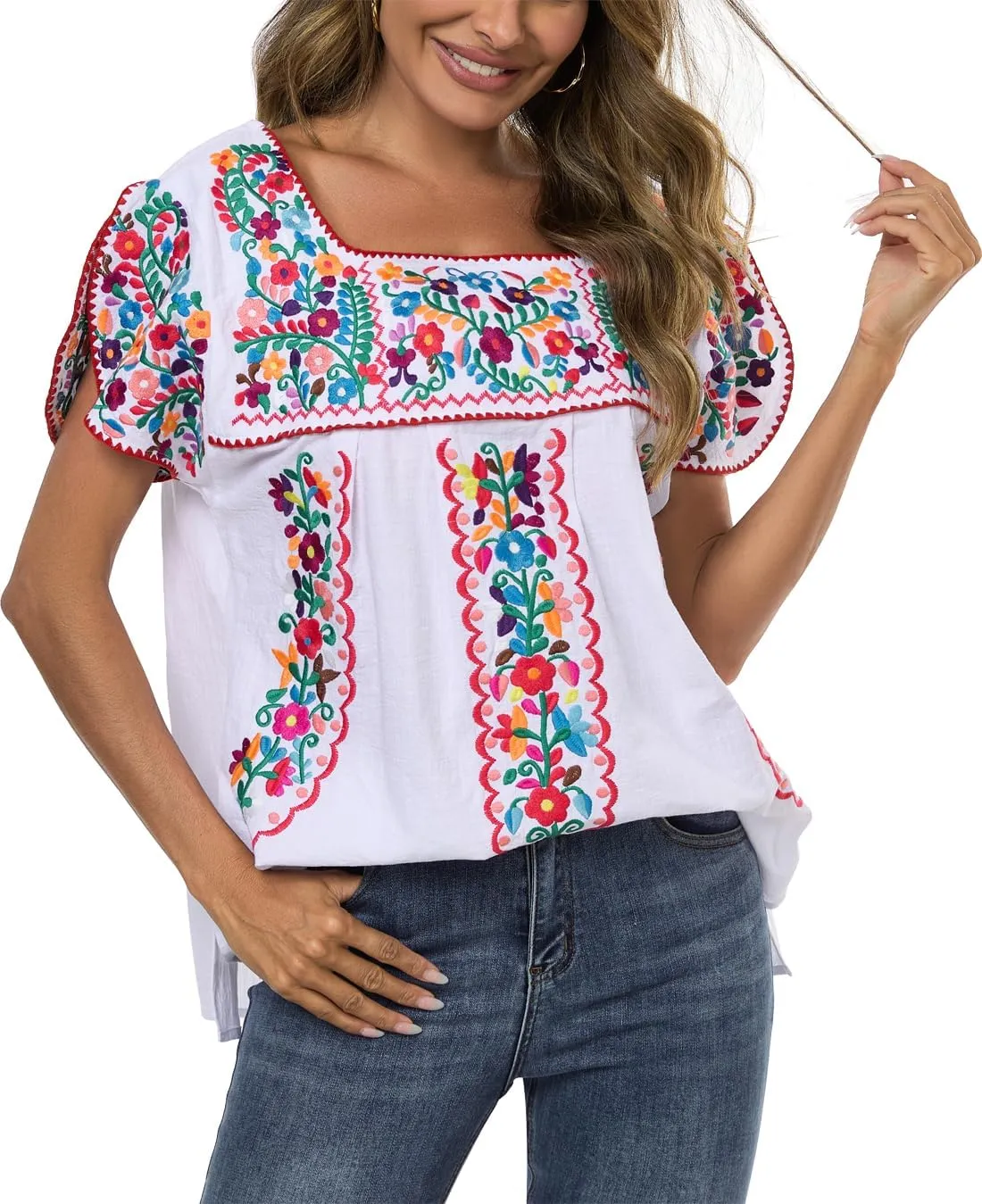 Mexican Shirts for Women Embroidered Tops Traditional Peasant Summer Tunic Blouse