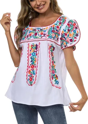 Mexican Shirts for Women Embroidered Tops Traditional Peasant Summer Tunic Blouse