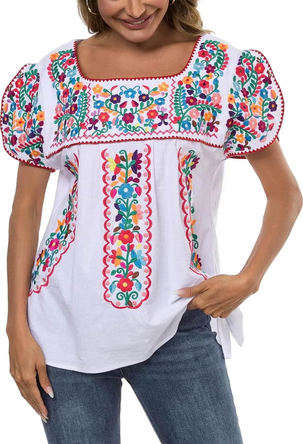 Mexican Shirts for Women Embroidered Tops Traditional Peasant Summer Tunic Blouse