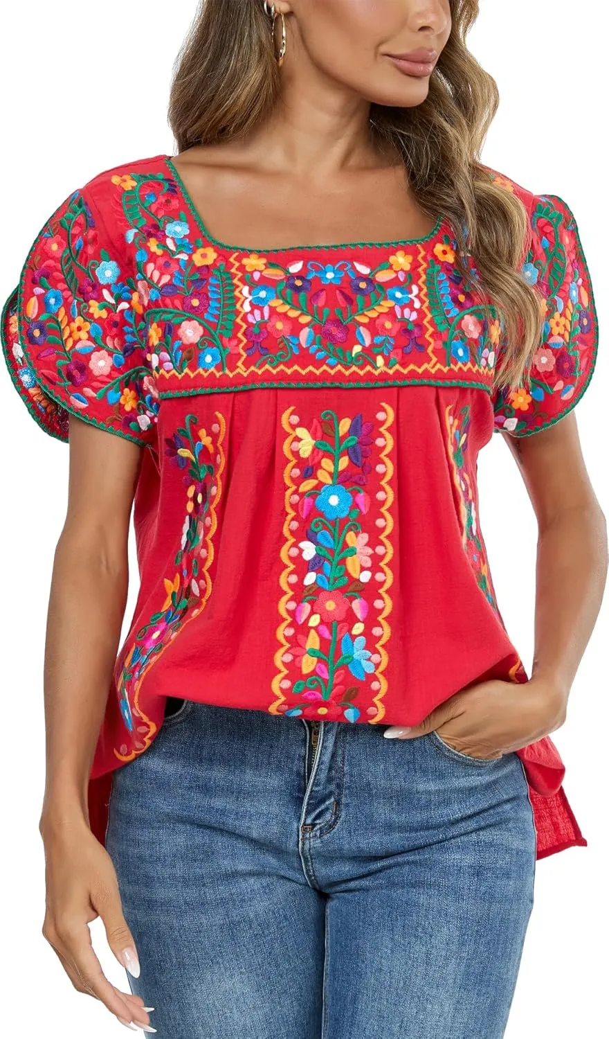 Mexican Shirts for Women Embroidered Tops Traditional Peasant Summer Tunic Blouse