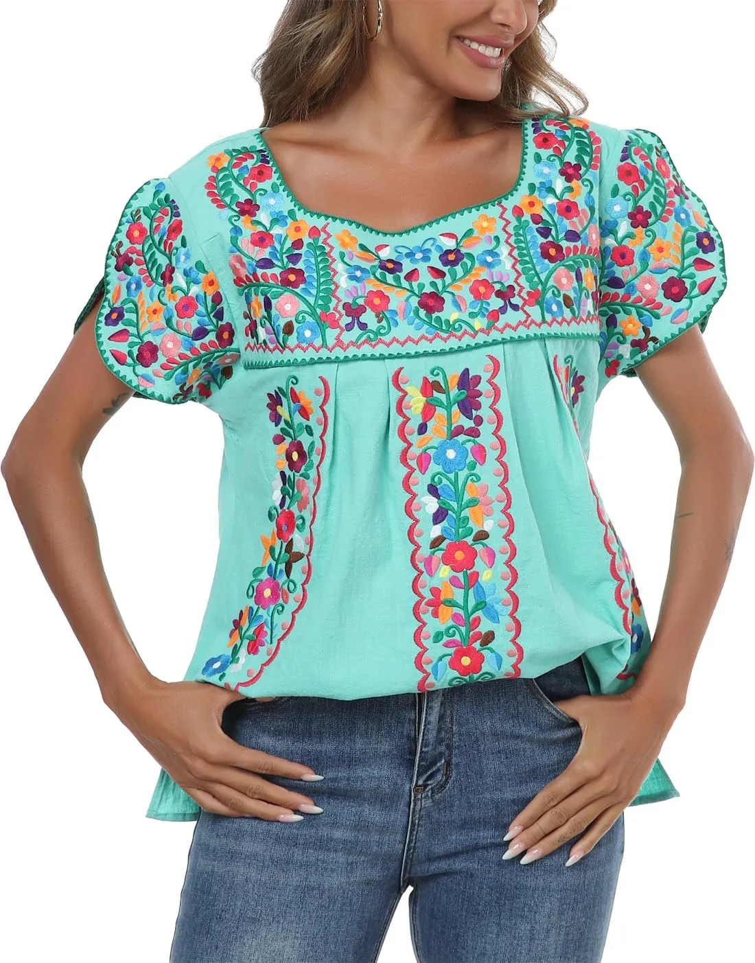 Mexican Shirts for Women Embroidered Tops Traditional Peasant Summer Tunic Blouse