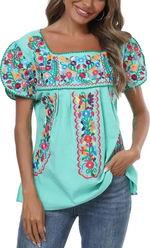 Mexican Shirts for Women Embroidered Tops Traditional Peasant Summer Tunic Blouse