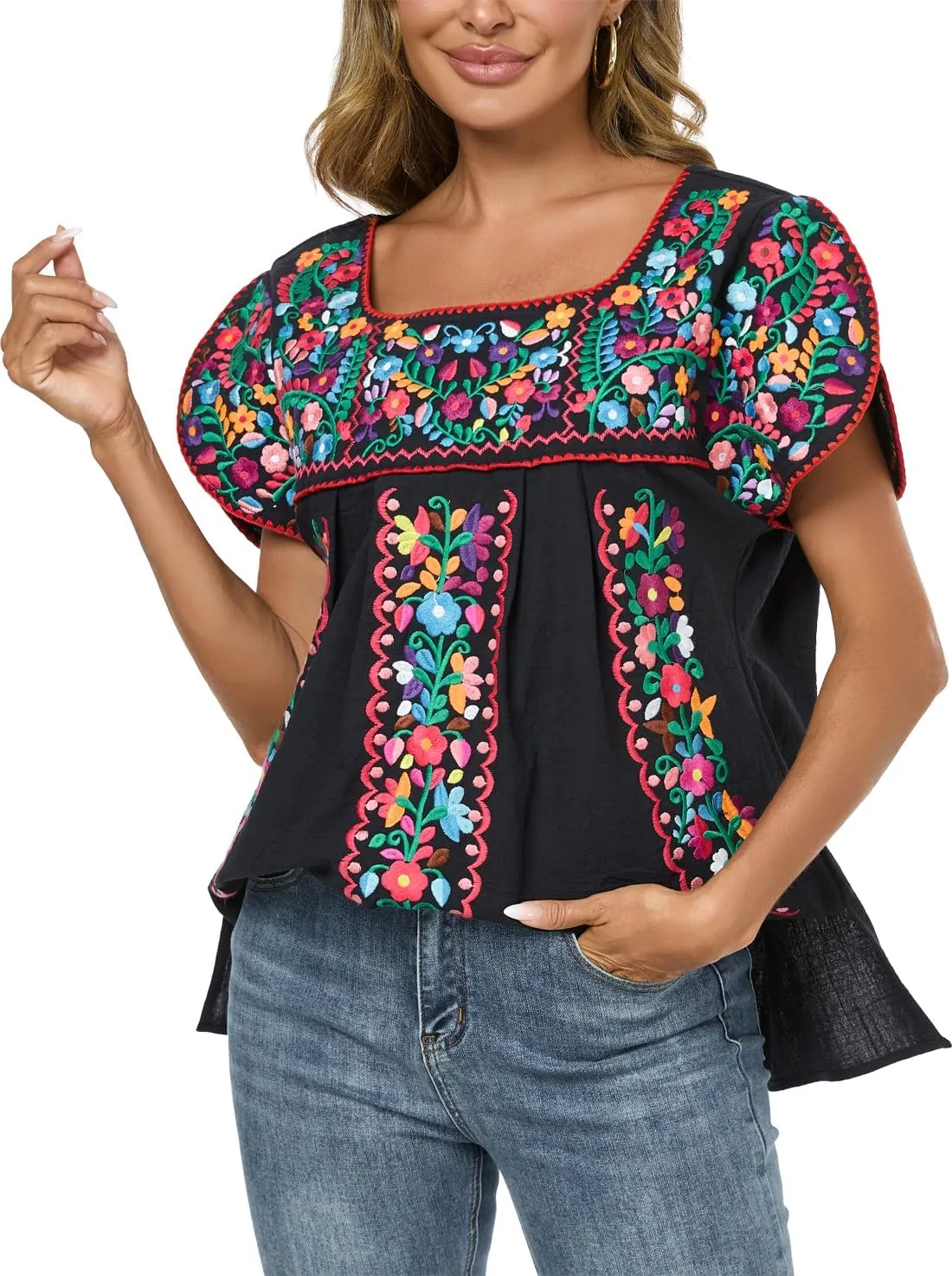 Mexican Shirts for Women Embroidered Tops Traditional Peasant Summer Tunic Blouse