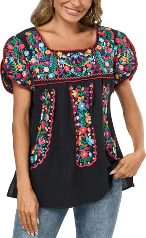 Mexican Shirts for Women Embroidered Tops Traditional Peasant Summer Tunic Blouse