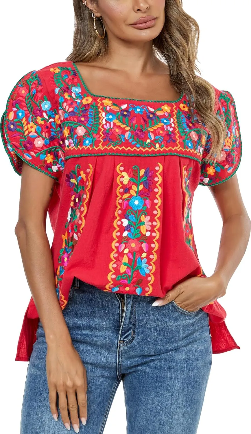 Mexican Shirts for Women Embroidered Tops Traditional Peasant Summer Tunic Blouse