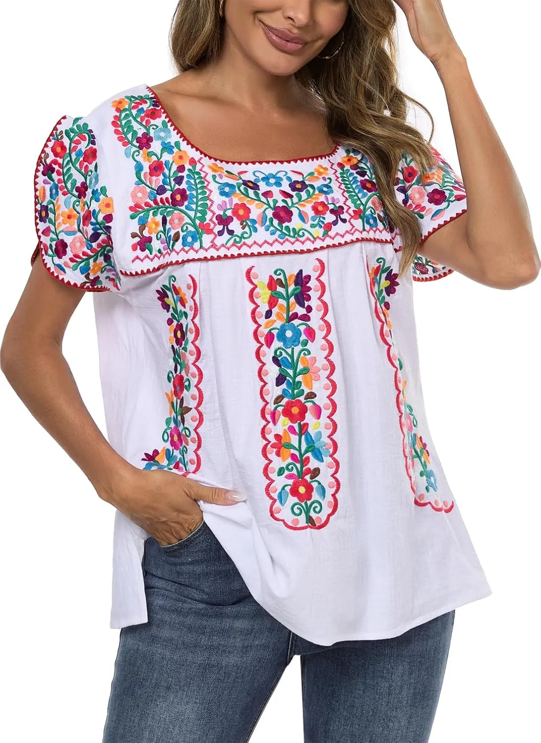 Mexican Shirts for Women Embroidered Tops Traditional Peasant Summer Tunic Blouse