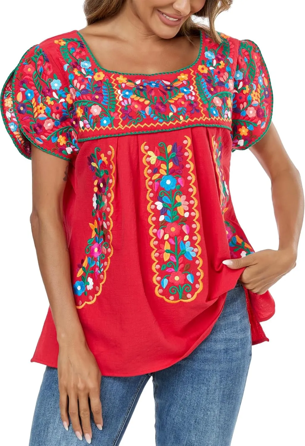 Mexican Shirts for Women Embroidered Tops Traditional Peasant Summer Tunic Blouse