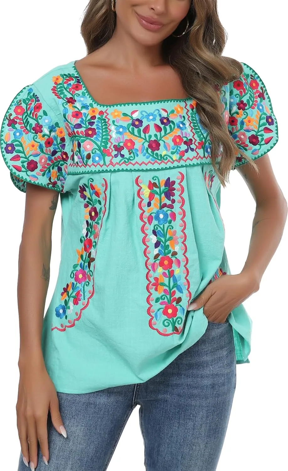 Mexican Shirts for Women Embroidered Tops Traditional Peasant Summer Tunic Blouse