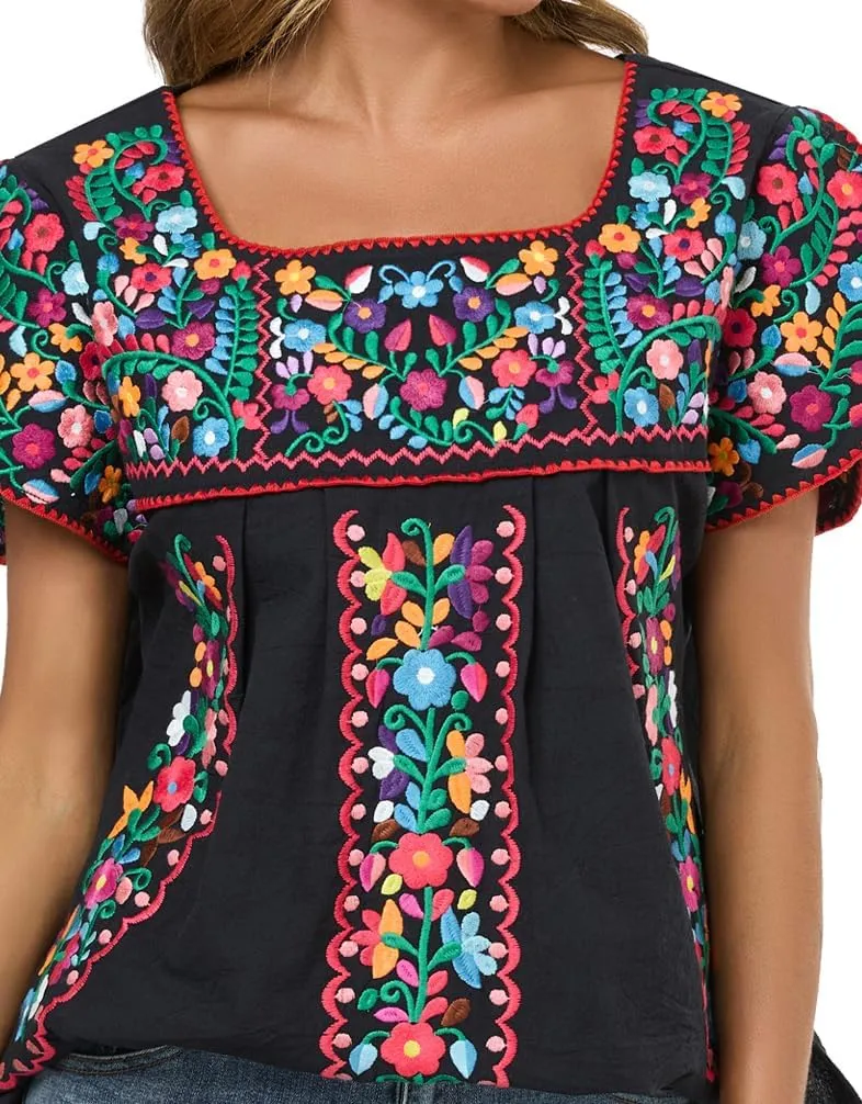 Mexican Shirts for Women Embroidered Tops Traditional Peasant Summer Tunic Blouse