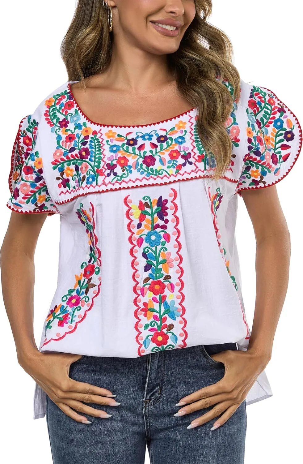 Mexican Shirts for Women Embroidered Tops Traditional Peasant Summer Tunic Blouse