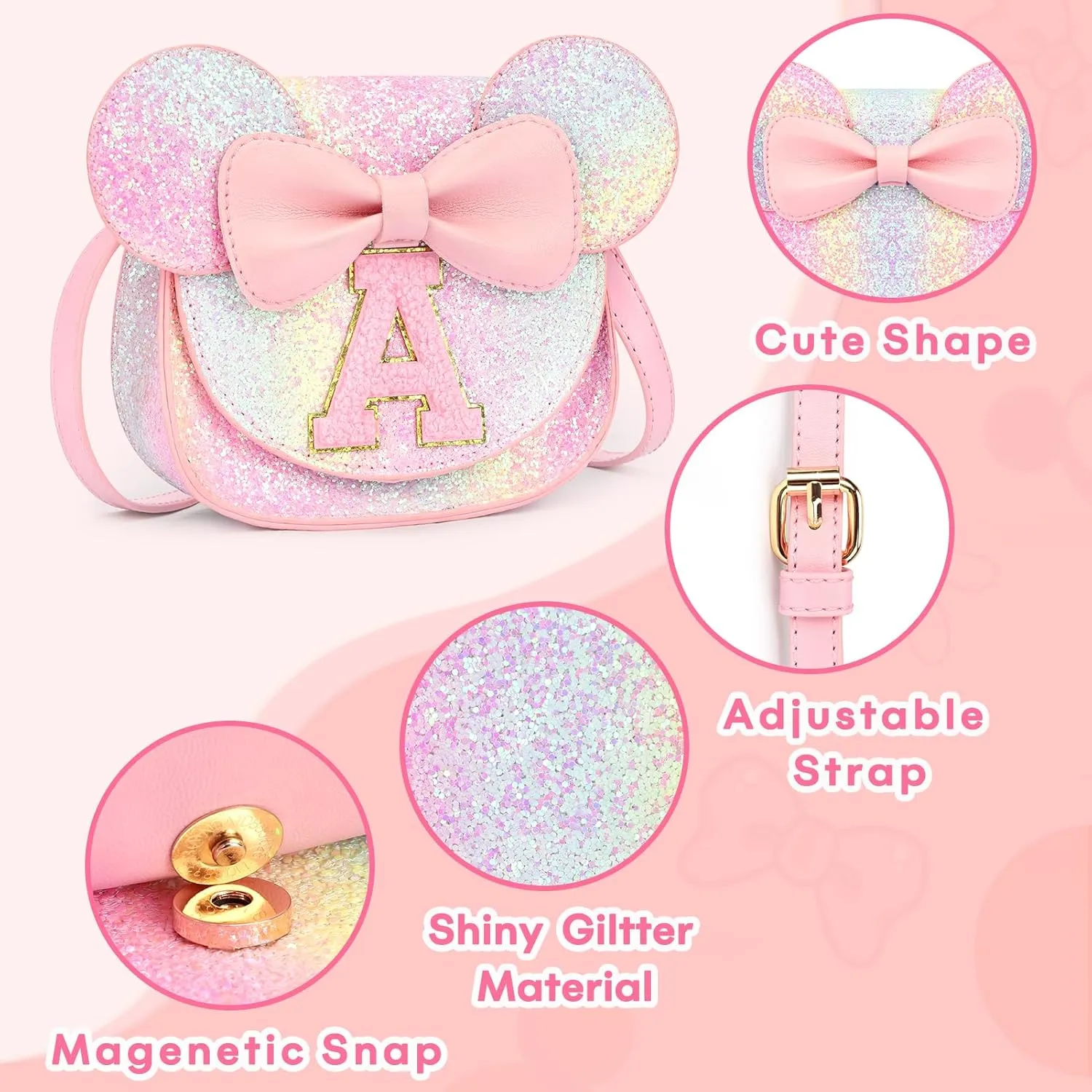 mibasies Toddler Purse Girl Gifts: Little Kids Gifts - Birthday Gifts for Girls 3-8 Mini Mouse Ears Bow Purse Glitter Rainbow J