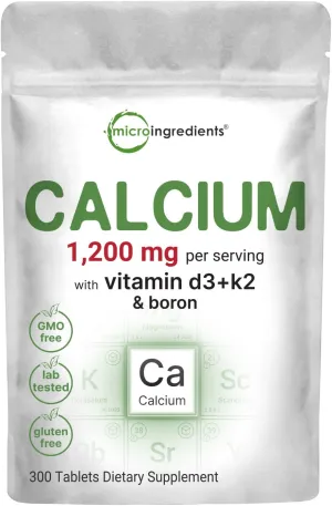 Micro Ingredients Calcium Supplements for Women and Men, 300 Tablets | Calcium 1,200 mg with Vitamin D3 & K2 (MK-7) & Boron   Mineral Complex | Supports Bone, Immune & Heart Health | Non-GMO