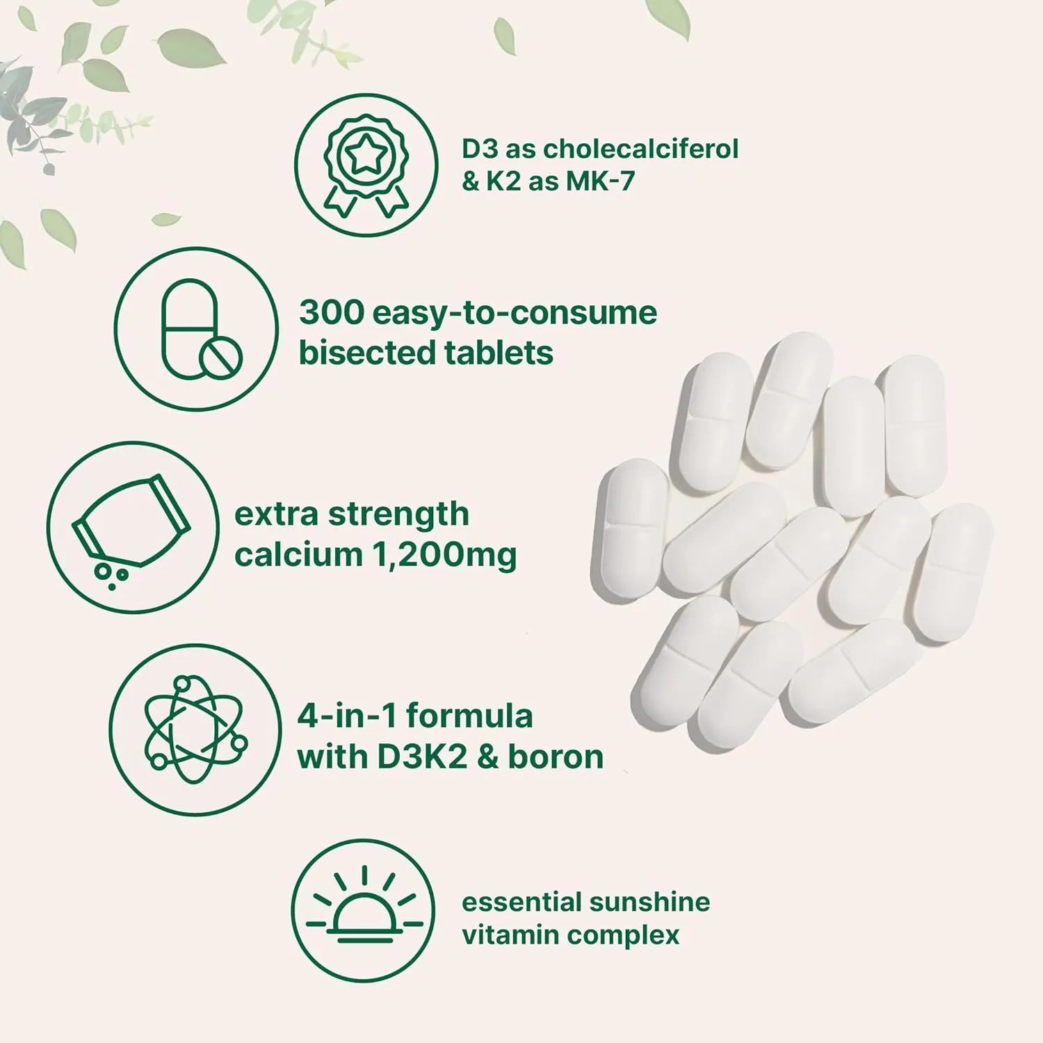 Micro Ingredients Calcium Supplements for Women and Men, 300 Tablets | Calcium 1,200 mg with Vitamin D3 & K2 (MK-7) & Boron   Mineral Complex | Supports Bone, Immune & Heart Health | Non-GMO