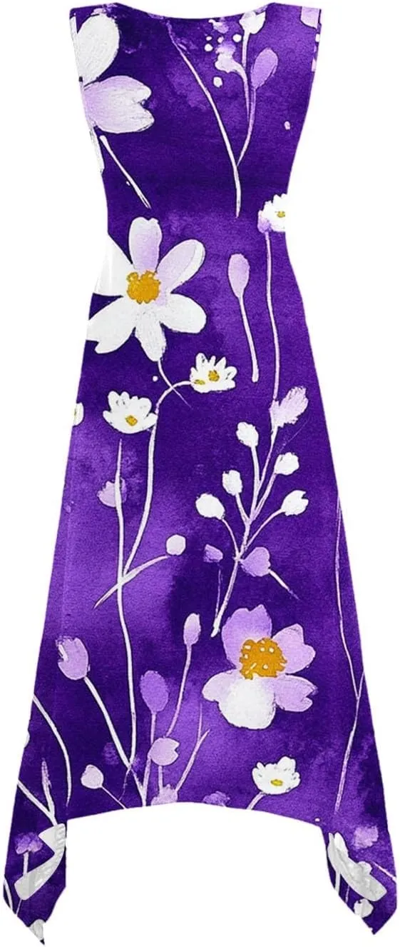 Midi Dresses for Women Summer Boho Floral Print Flowy Sleeveless Tank Dress Swing Casual Sundress Beach Vacation