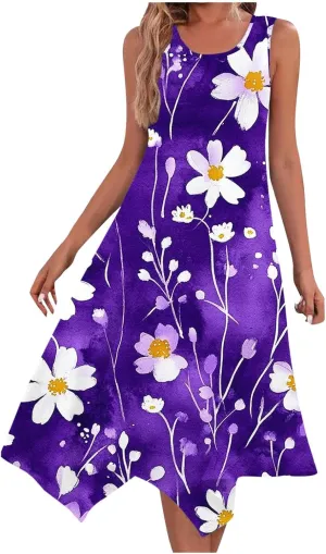 Midi Dresses for Women Summer Boho Floral Print Flowy Sleeveless Tank Dress Swing Casual Sundress Beach Vacation