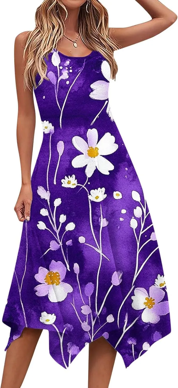 Midi Dresses for Women Summer Boho Floral Print Flowy Sleeveless Tank Dress Swing Casual Sundress Beach Vacation