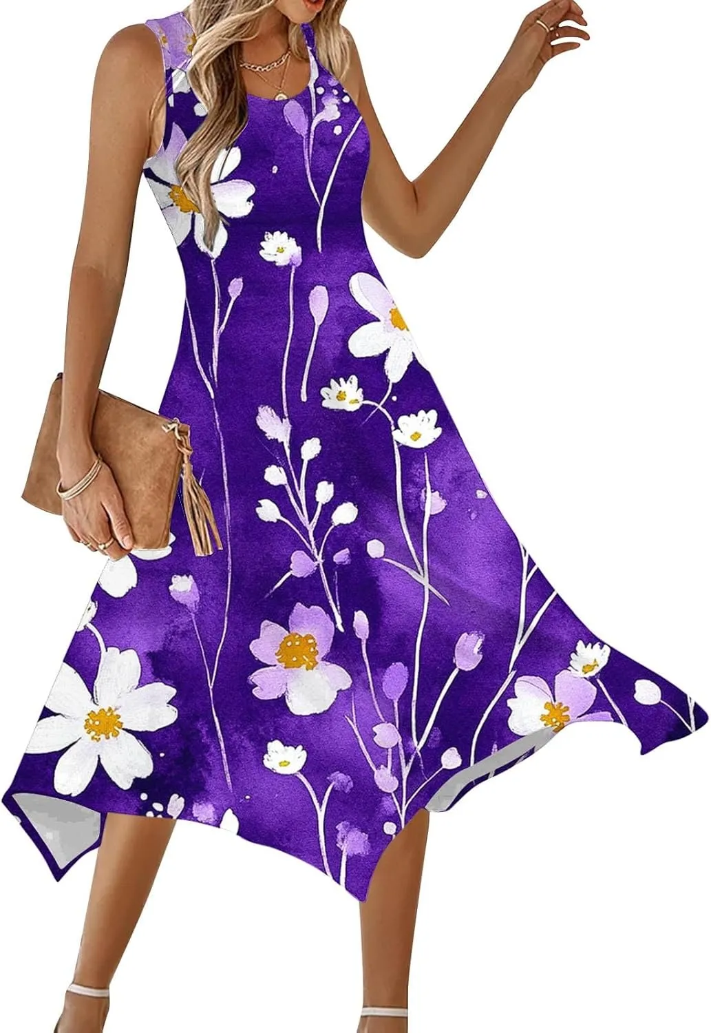 Midi Dresses for Women Summer Boho Floral Print Flowy Sleeveless Tank Dress Swing Casual Sundress Beach Vacation