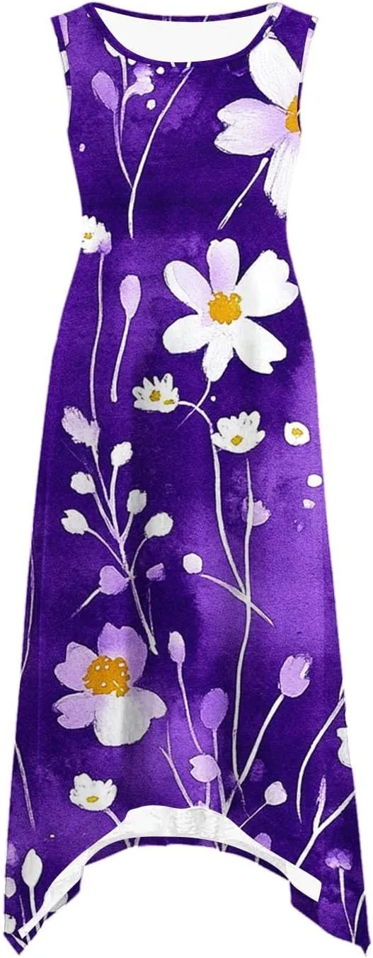 Midi Dresses for Women Summer Boho Floral Print Flowy Sleeveless Tank Dress Swing Casual Sundress Beach Vacation