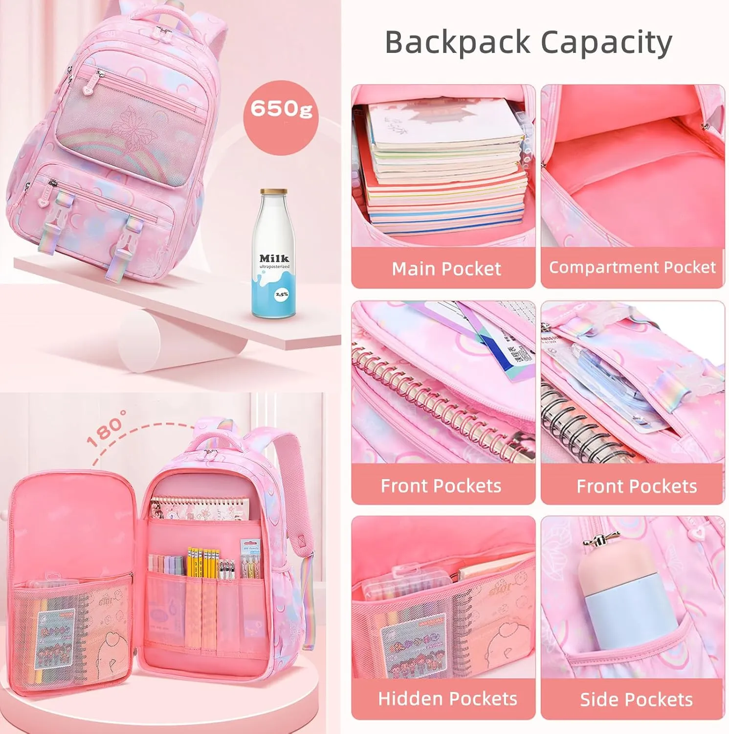 Mildame Kids Backpack for Girls Cute Rainbow Butterfly Backpacks for Teen Girls Age 8-12 Kindergarten Elementary Bookbag,Bule