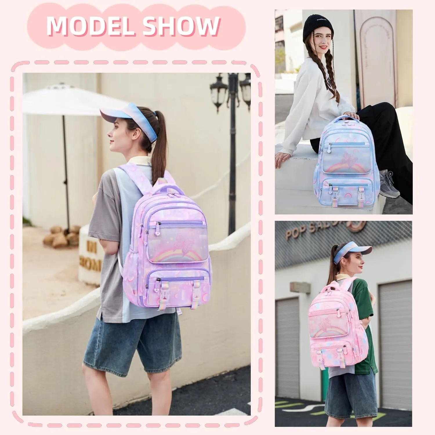 Mildame Kids Backpack for Girls Cute Rainbow Butterfly Backpacks for Teen Girls Age 8-12 Kindergarten Elementary Bookbag,Bule