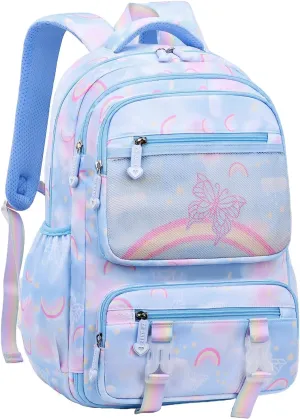 Mildame Kids Backpack for Girls Cute Rainbow Butterfly Backpacks for Teen Girls Age 8-12 Kindergarten Elementary Bookbag,Bule
