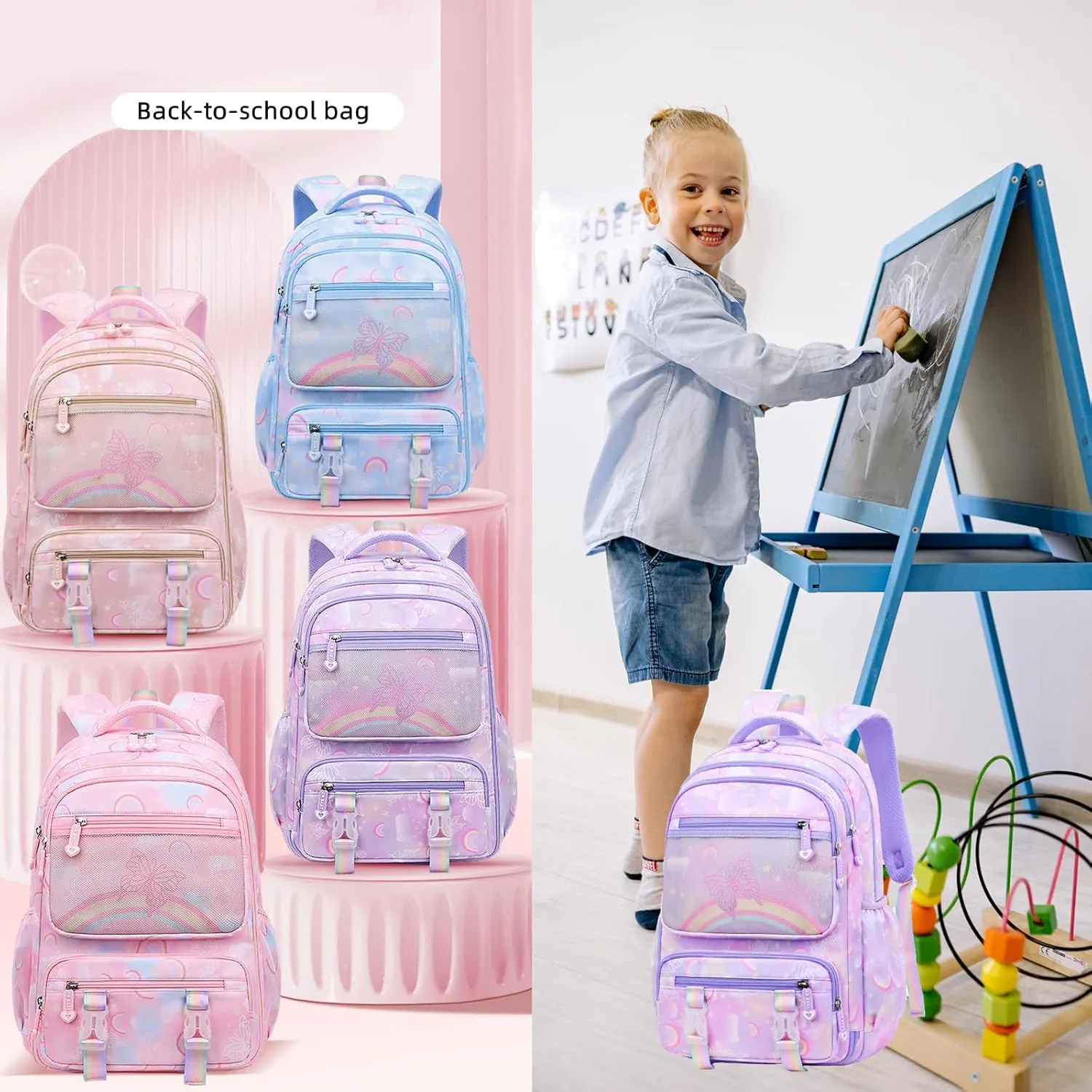 Mildame Kids Backpack for Girls Cute Rainbow Butterfly Backpacks for Teen Girls Age 8-12 Kindergarten Elementary Bookbag,Bule