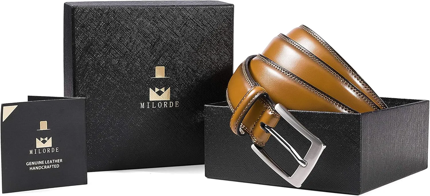 MILORDE Men's Genuine Leather Dress Belt, Handmade, 100% Cow Leather, Fashion & Classic Designs for Work Business and Casual