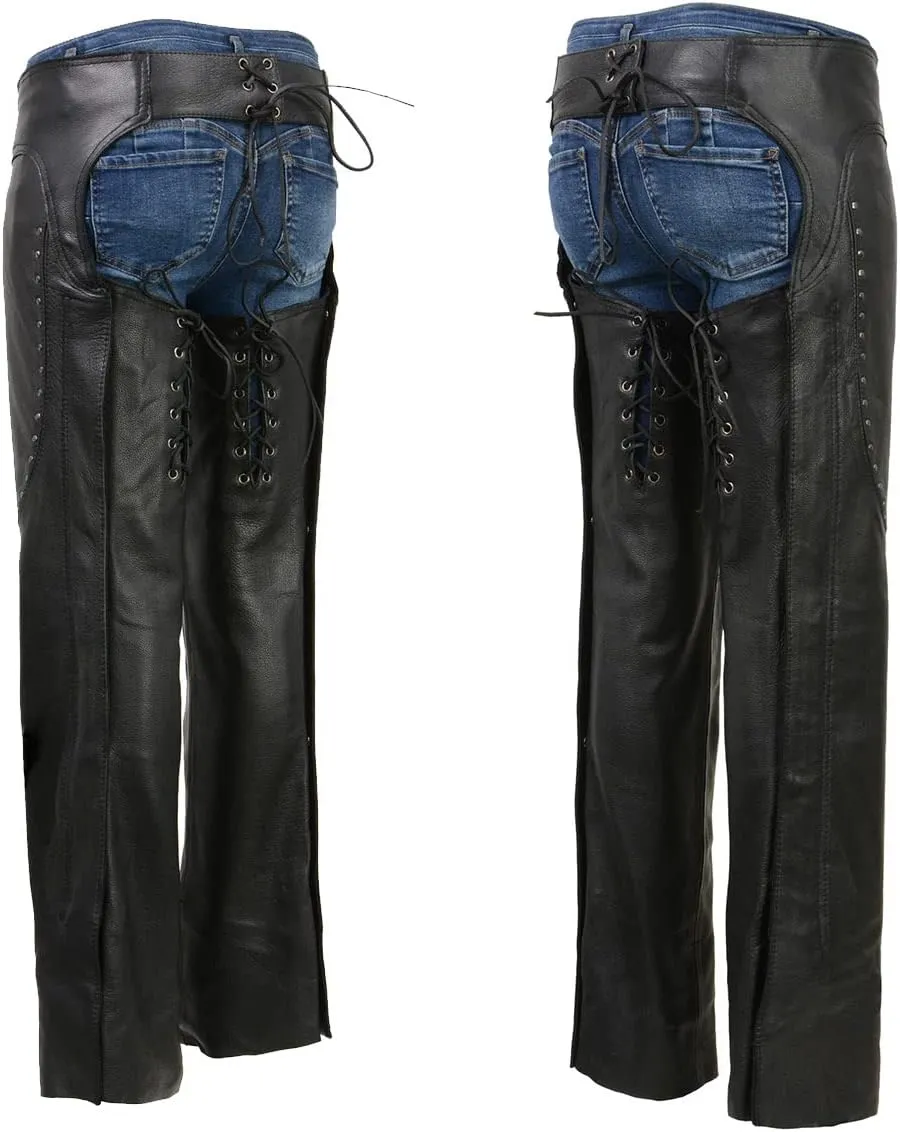 Milwaukee Leather Chaps for Women Black Low-Rise Waist- Front Double Buckle Rivet Detailing Motorcycle Chap- ML1186