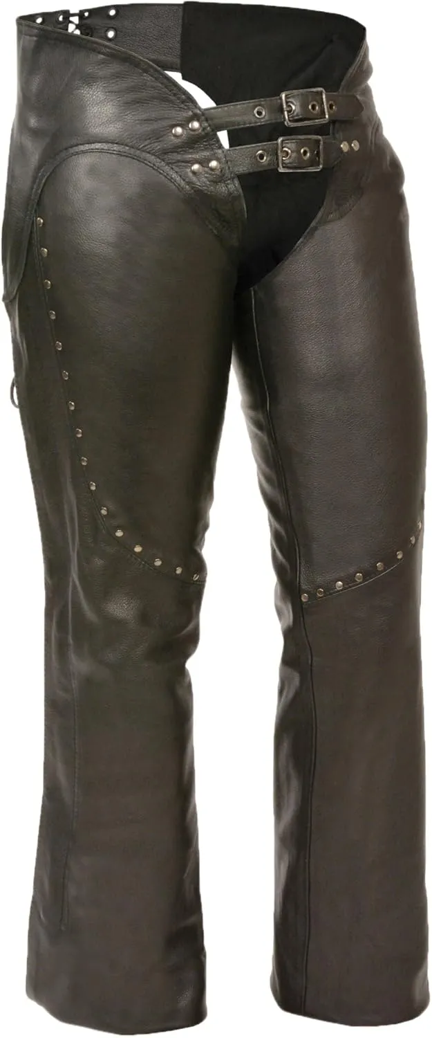 Milwaukee Leather Chaps for Women Black Low-Rise Waist- Front Double Buckle Rivet Detailing Motorcycle Chap- ML1186