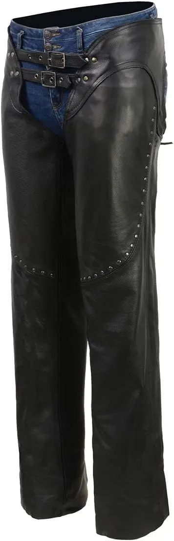Milwaukee Leather Chaps for Women Black Low-Rise Waist- Front Double Buckle Rivet Detailing Motorcycle Chap- ML1186