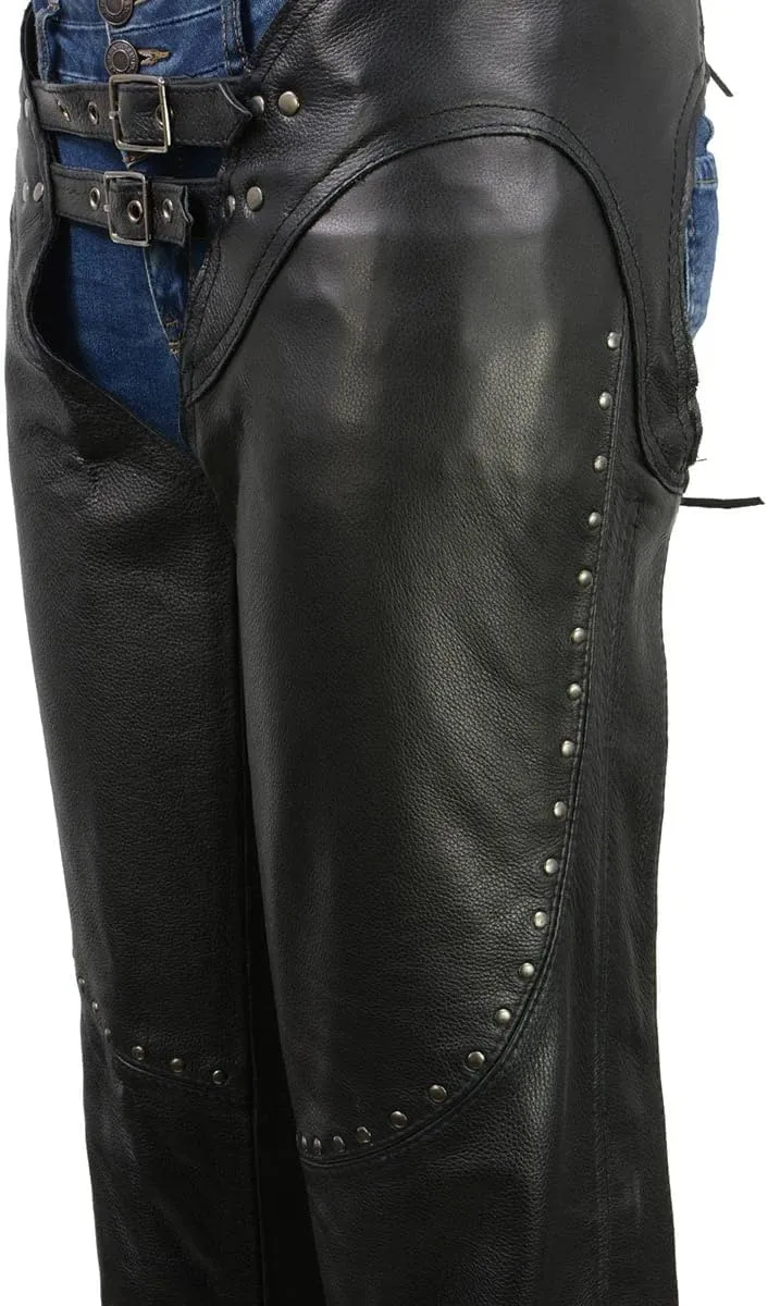 Milwaukee Leather Chaps for Women Black Low-Rise Waist- Front Double Buckle Rivet Detailing Motorcycle Chap- ML1186