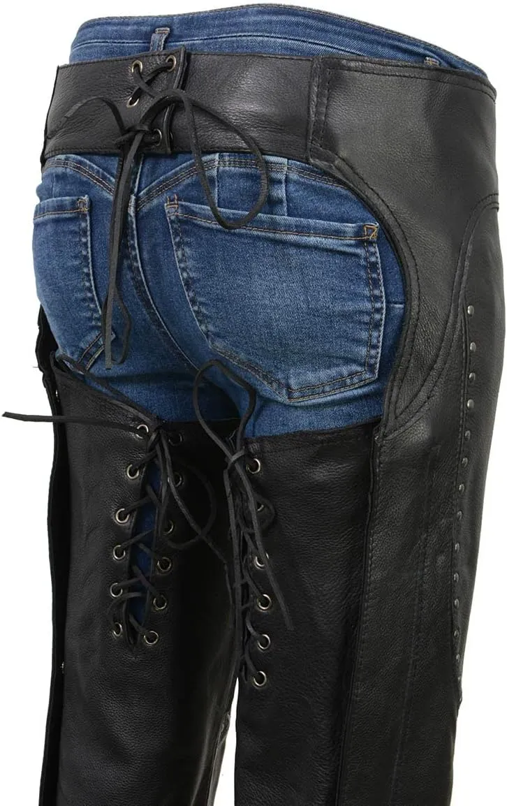 Milwaukee Leather Chaps for Women Black Low-Rise Waist- Front Double Buckle Rivet Detailing Motorcycle Chap- ML1186