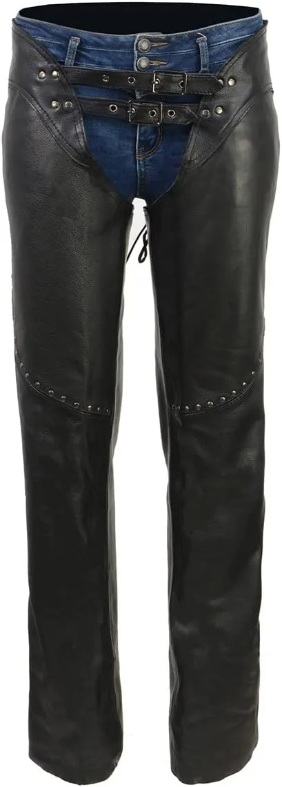 Milwaukee Leather Chaps for Women Black Low-Rise Waist- Front Double Buckle Rivet Detailing Motorcycle Chap- ML1186