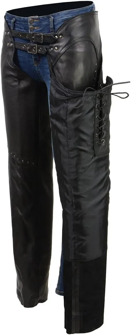 Milwaukee Leather Chaps for Women Black Low-Rise Waist- Front Double Buckle Rivet Detailing Motorcycle Chap- ML1186