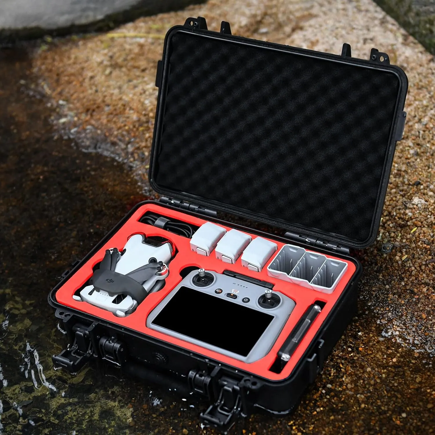 Mini 4 Pro Waterproof Hard Carrying Case for Fly More Combo Accessories, Fits for DJI RC 2/RC Remote with Neck Strap (Black)
