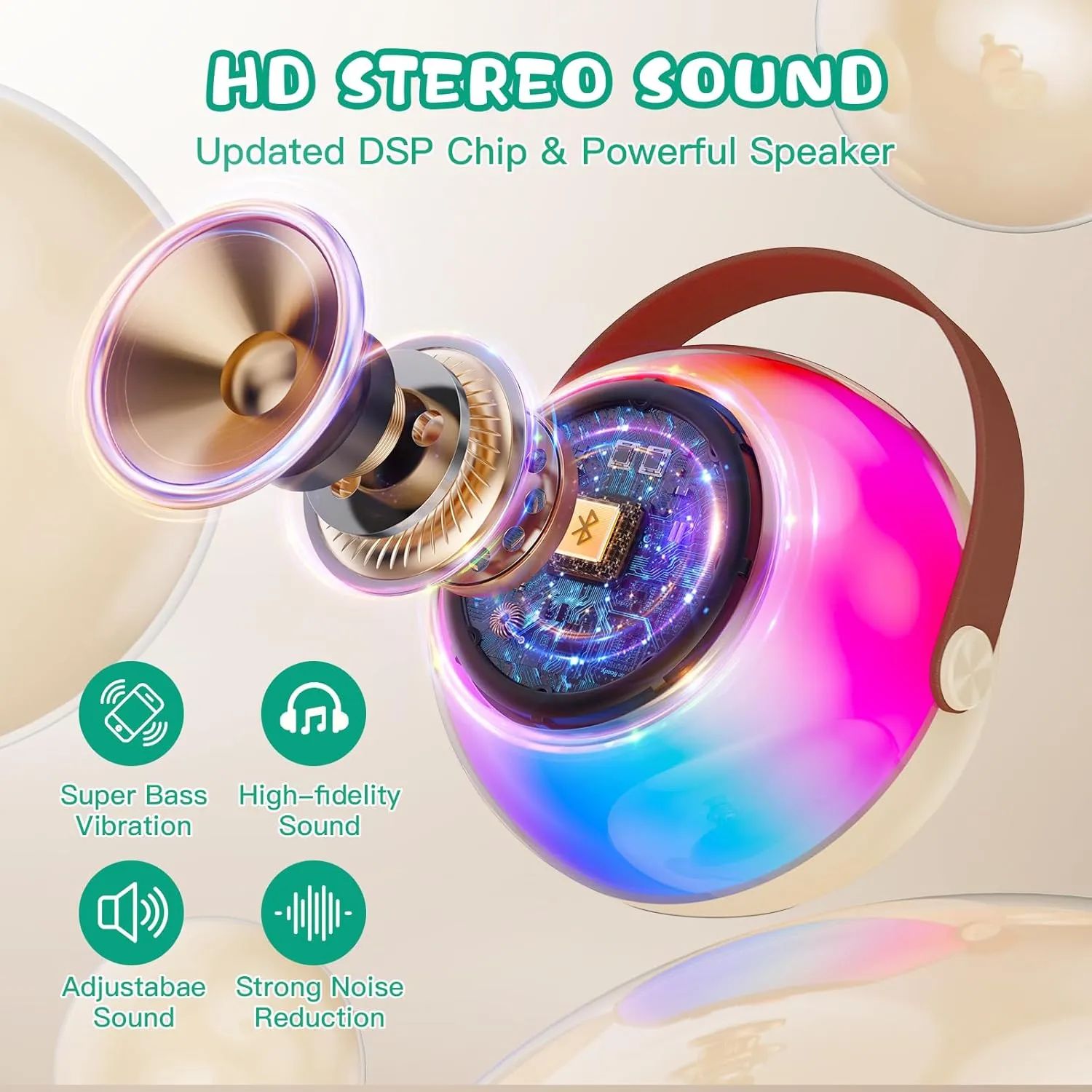 Mini Karaoke Machine for Kids, Latest Portable Bluetooth Speaker w/Wireless Microphone & LED Lights, Magic Sing Toy for Girls/Boys, Ideal Christmas Birthday Party Gift (Beige, 1 Mic)