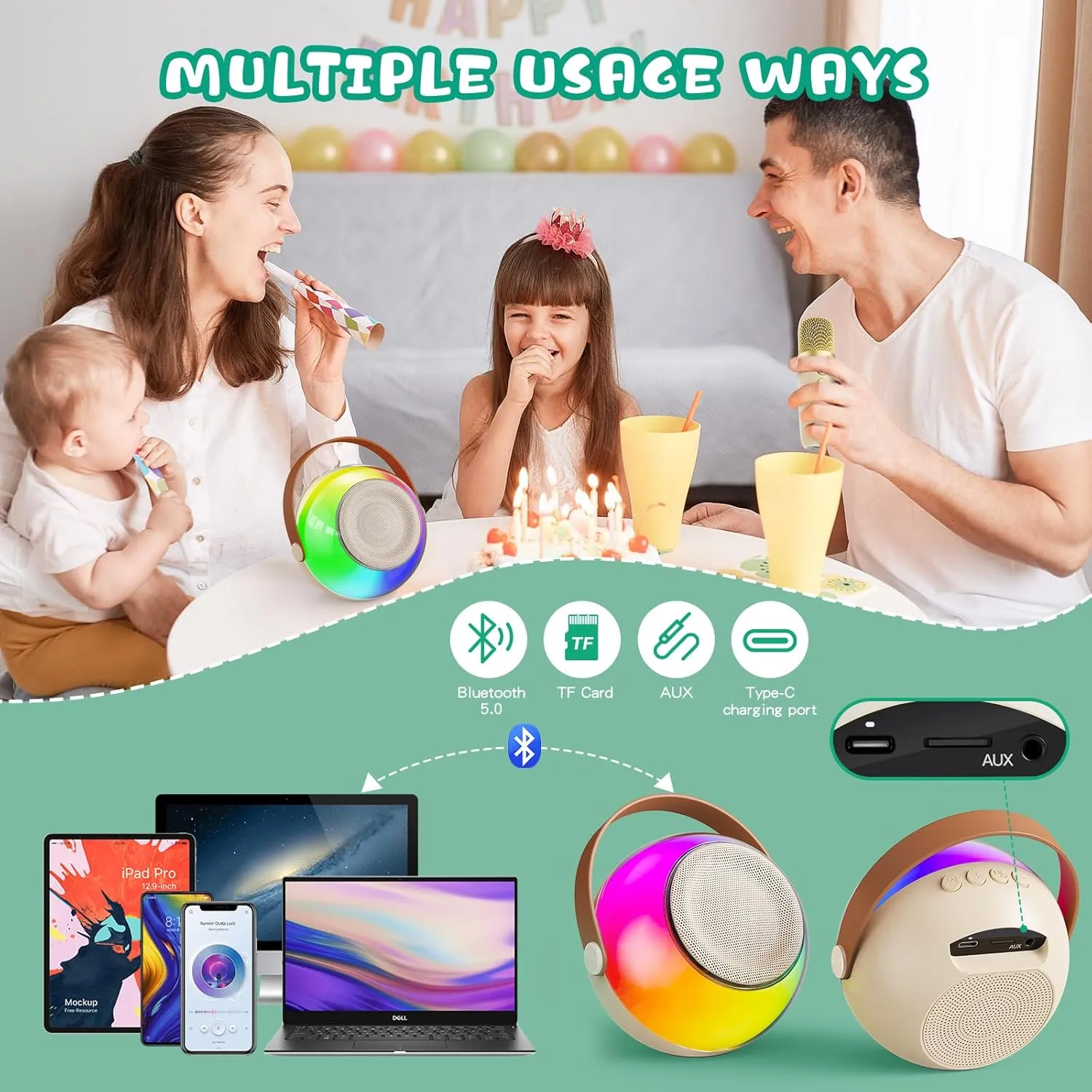 Mini Karaoke Machine for Kids, Latest Portable Bluetooth Speaker w/Wireless Microphone & LED Lights, Magic Sing Toy for Girls/Boys, Ideal Christmas Birthday Party Gift (Beige, 1 Mic)