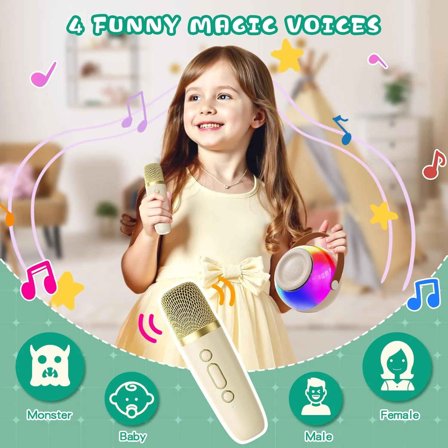 Mini Karaoke Machine for Kids, Latest Portable Bluetooth Speaker w/Wireless Microphone & LED Lights, Magic Sing Toy for Girls/Boys, Ideal Christmas Birthday Party Gift (Beige, 1 Mic)