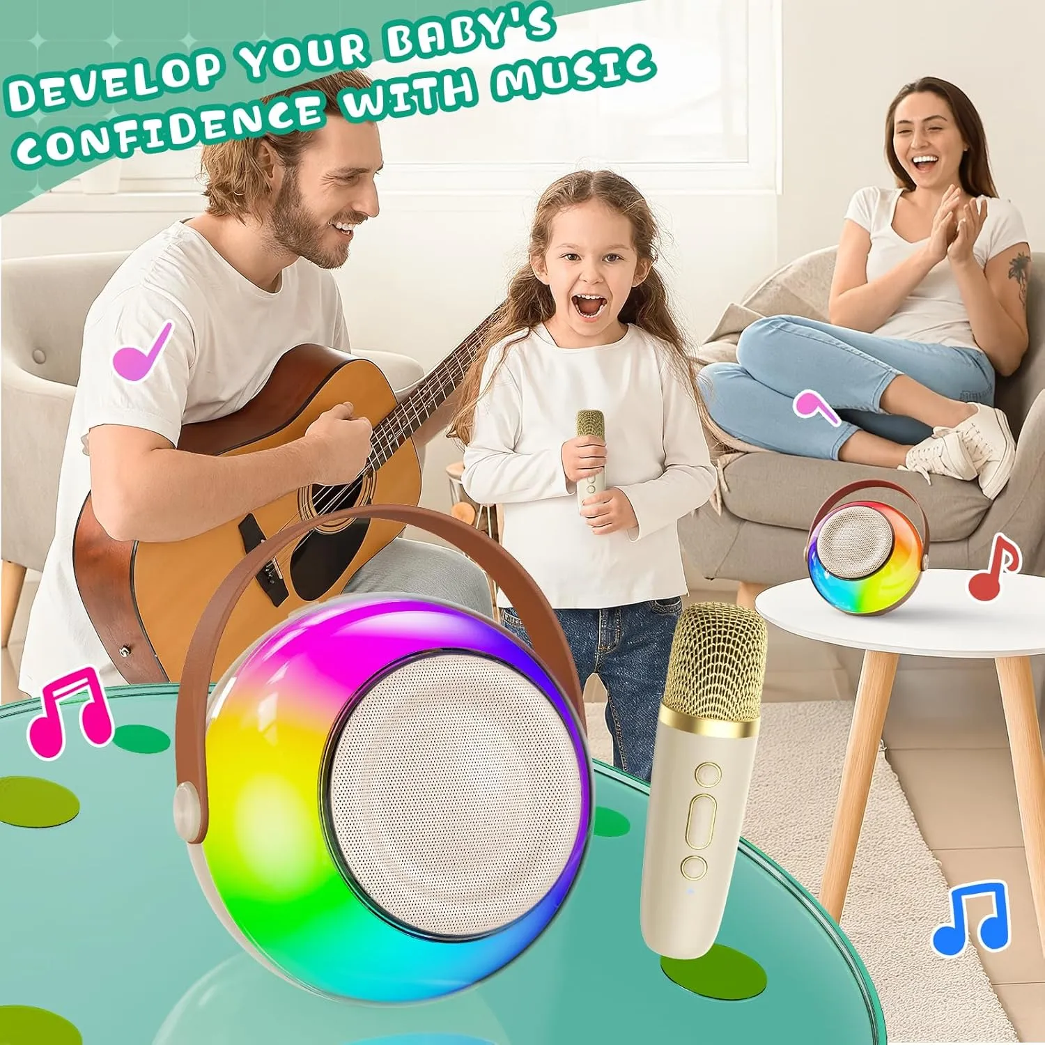 Mini Karaoke Machine for Kids, Latest Portable Bluetooth Speaker w/Wireless Microphone & LED Lights, Magic Sing Toy for Girls/Boys, Ideal Christmas Birthday Party Gift (Beige, 1 Mic)