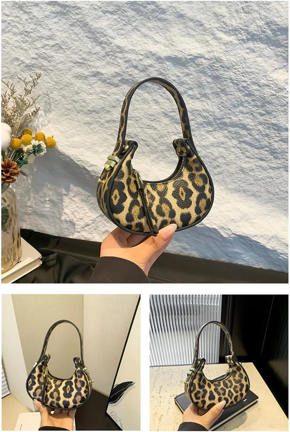 Mini Leopard Print Crescent Clutch Purse for Women Small Cheetah Print Tote Bag Hobo Handbag and Purse Daily Use