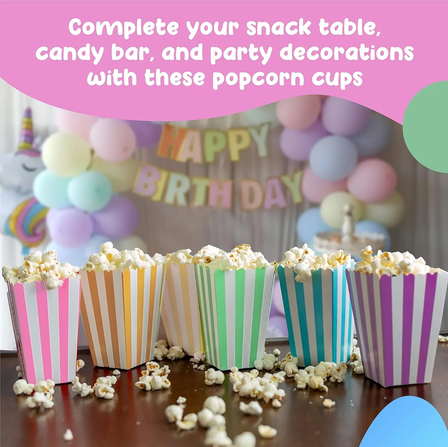 Mini Popcorn & Candy Favor Treat Boxes For Birthday, Bridal and Baby Shower - Assorted Striped Design - 36 Count (Rainbow Pastel Mix)
