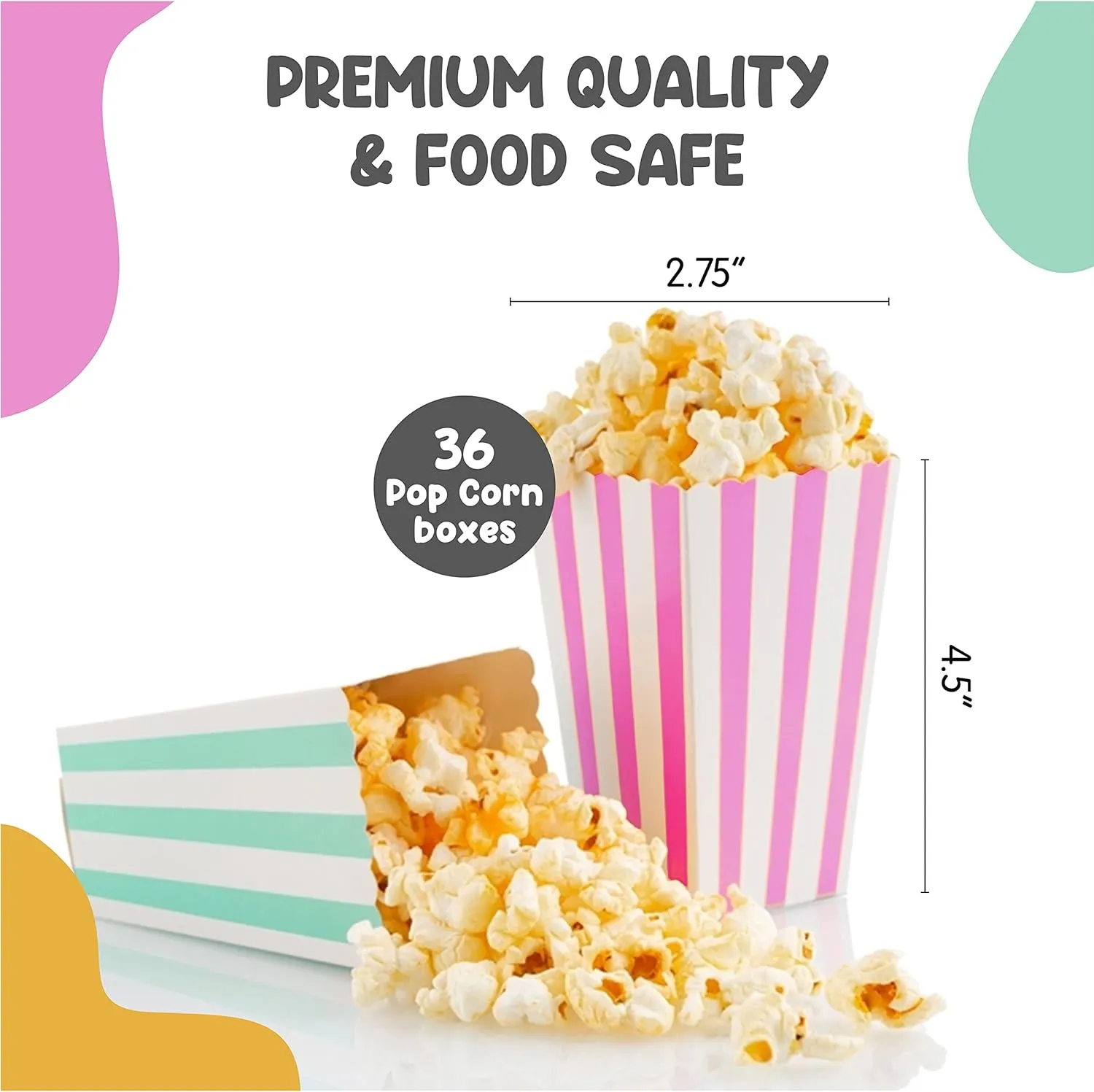 Mini Popcorn & Candy Favor Treat Boxes For Birthday, Bridal and Baby Shower - Assorted Striped Design - 36 Count (Rainbow Pastel Mix)