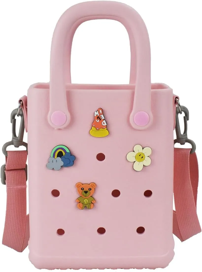 Mini Rubber Beach Bag with Strap & Charms, Waterproof EVA Bitty Beach Bag for Girls, Small Rubber Tote Bag for Women