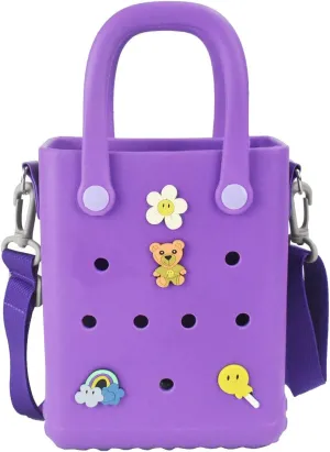 Mini Rubber Beach Bag with Strap & Charms, Waterproof EVA Bitty Beach Bag for Girls, Small Rubber Tote Bag for Women