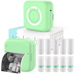 Mini Sticker Printer - Mini Pocket Printer for iPhone Thermal Printer with 10 Rolls Thermal Paper for Journal, Memo, Photo, Green, US-024