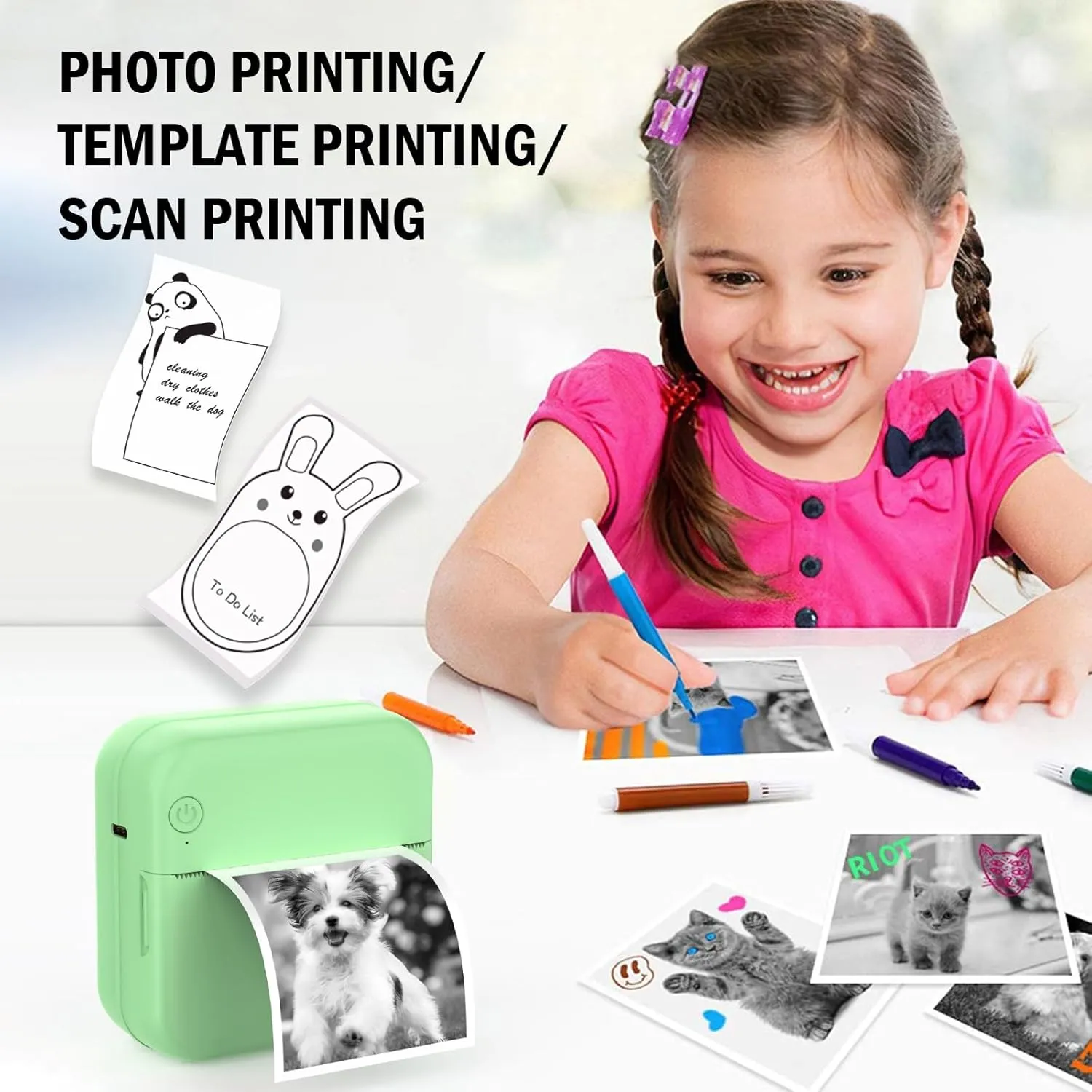 Mini Sticker Printer - Mini Pocket Printer for iPhone Thermal Printer with 10 Rolls Thermal Paper for Journal, Memo, Photo, Green, US-024