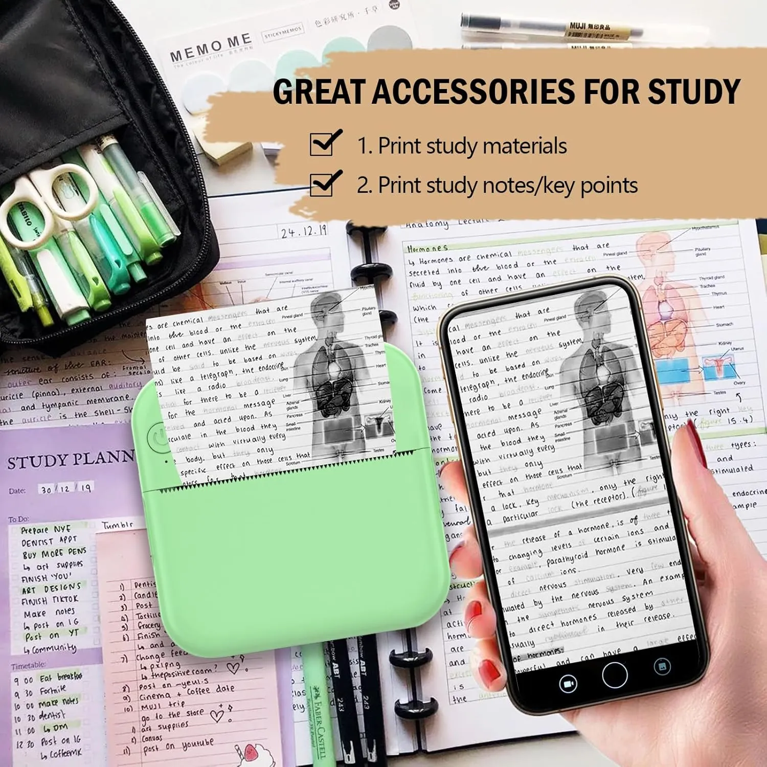 Mini Sticker Printer - Mini Pocket Printer for iPhone Thermal Printer with 10 Rolls Thermal Paper for Journal, Memo, Photo, Green, US-024