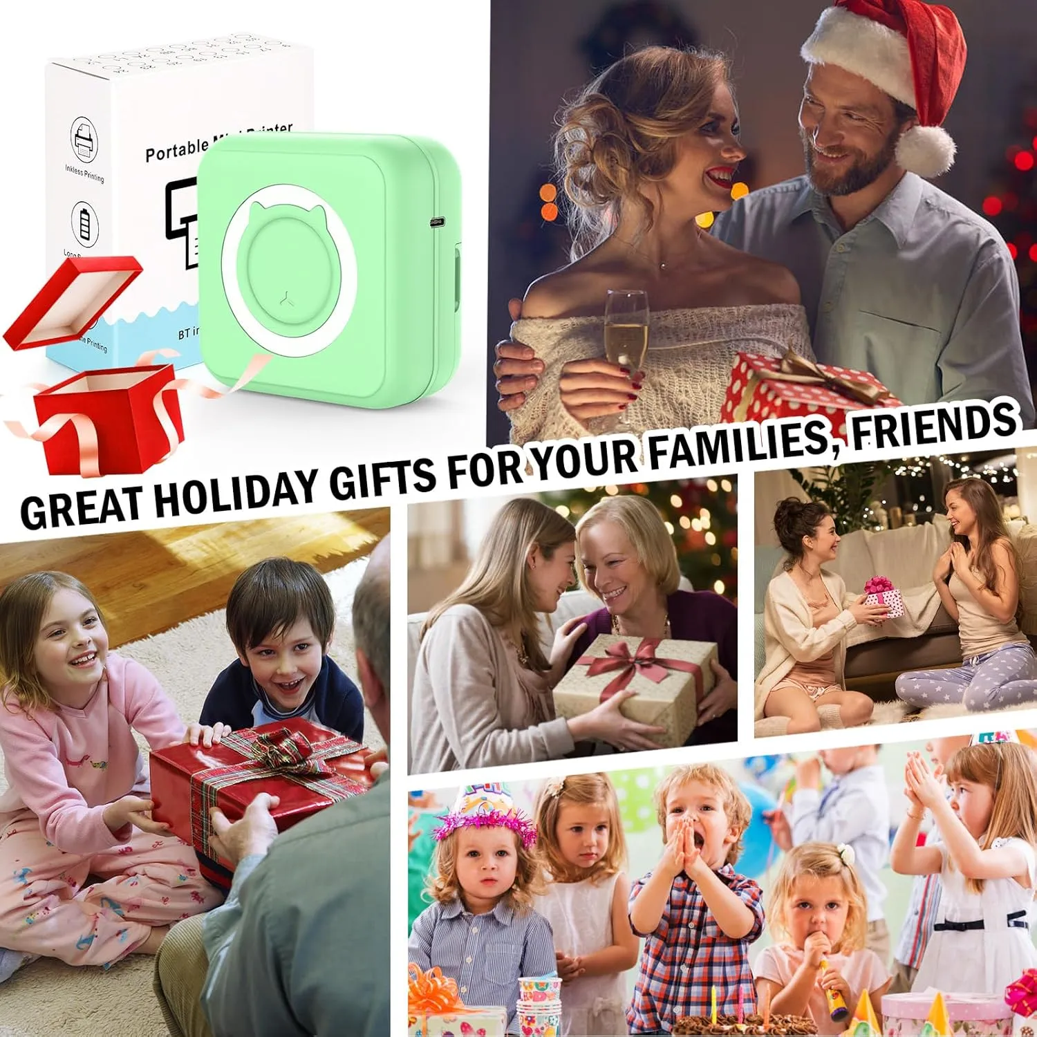 Mini Sticker Printer - Mini Pocket Printer for iPhone Thermal Printer with 10 Rolls Thermal Paper for Journal, Memo, Photo, Green, US-024