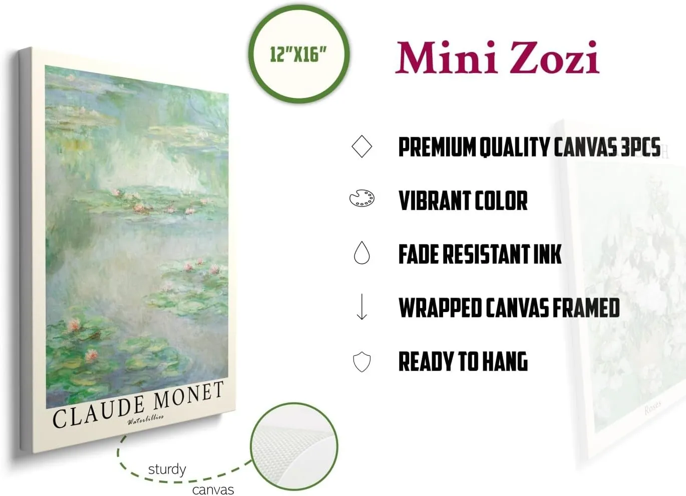 MINI ZOZI Sage Green Canvas Framed Wall Art Set Of 3 Matisse Van Gogh Monet Flower Prints 12x16 Wall Decor Large Mid Century Modern Aesthetic Over Bed Poster Painting Master Bedroom Living Room